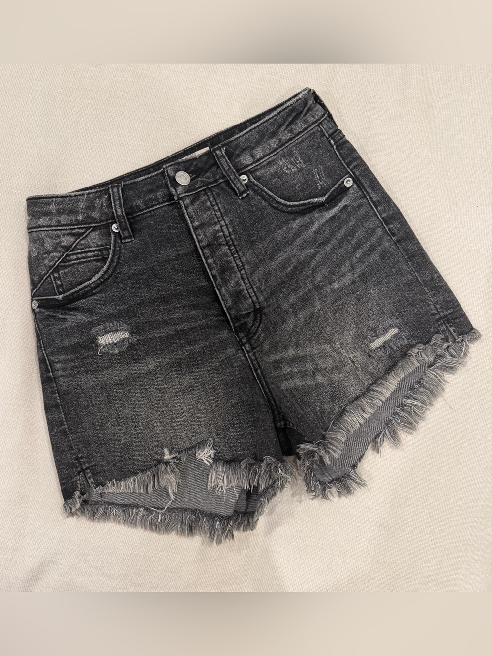 We The Free Washed Black Distressed High-Rise Denim Shorts